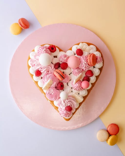 Torta a cuore con lamponi, macarons e decorazioni rosa