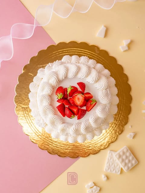 Torta Dolce Clo con panna e fragole su un vassoio dorato