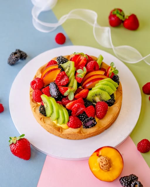 Crostata con frutta fresca su uno sfondo color pastello