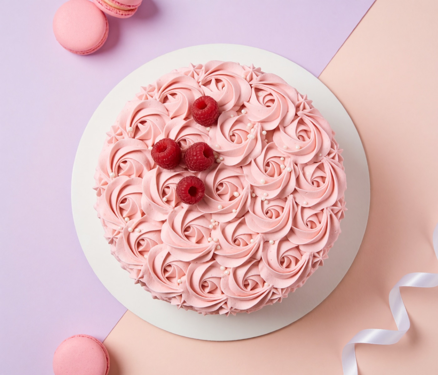Torta ricoperta di roselline di crema rosa con lamponi