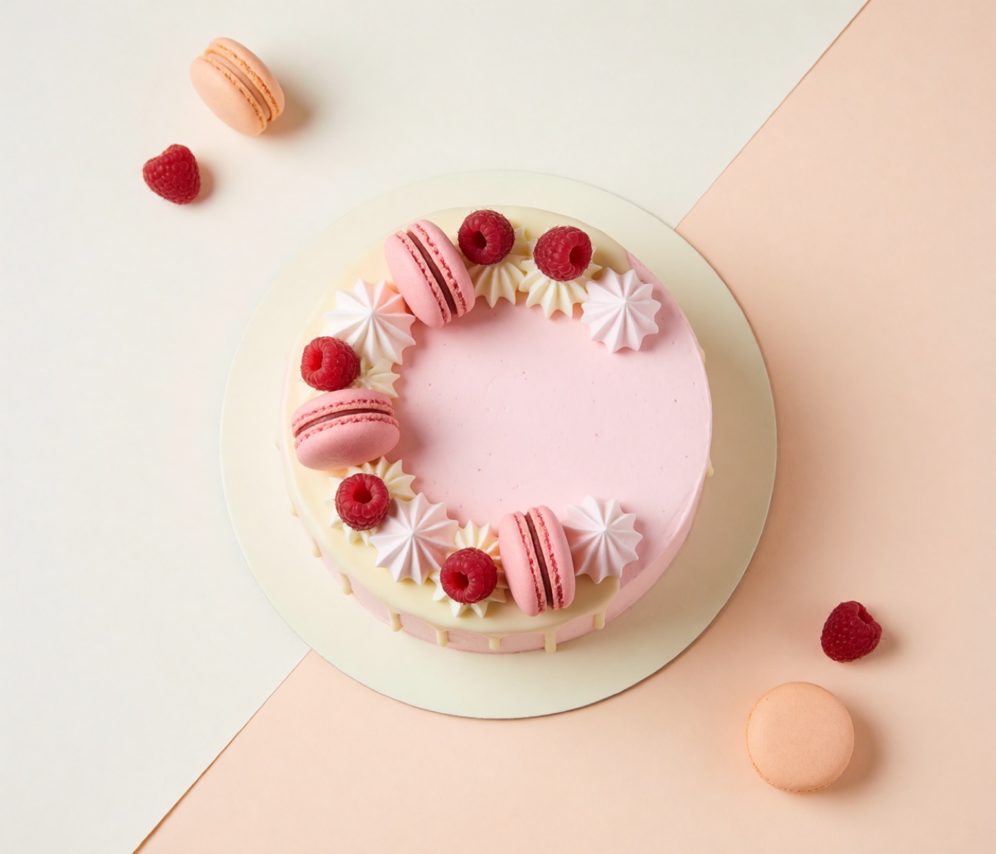 Torta rosa con macarons, lamponi e meringhe