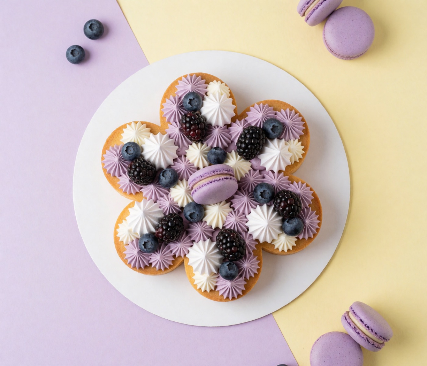 Cream tart a fiore con more, mirtilli e crema lilla