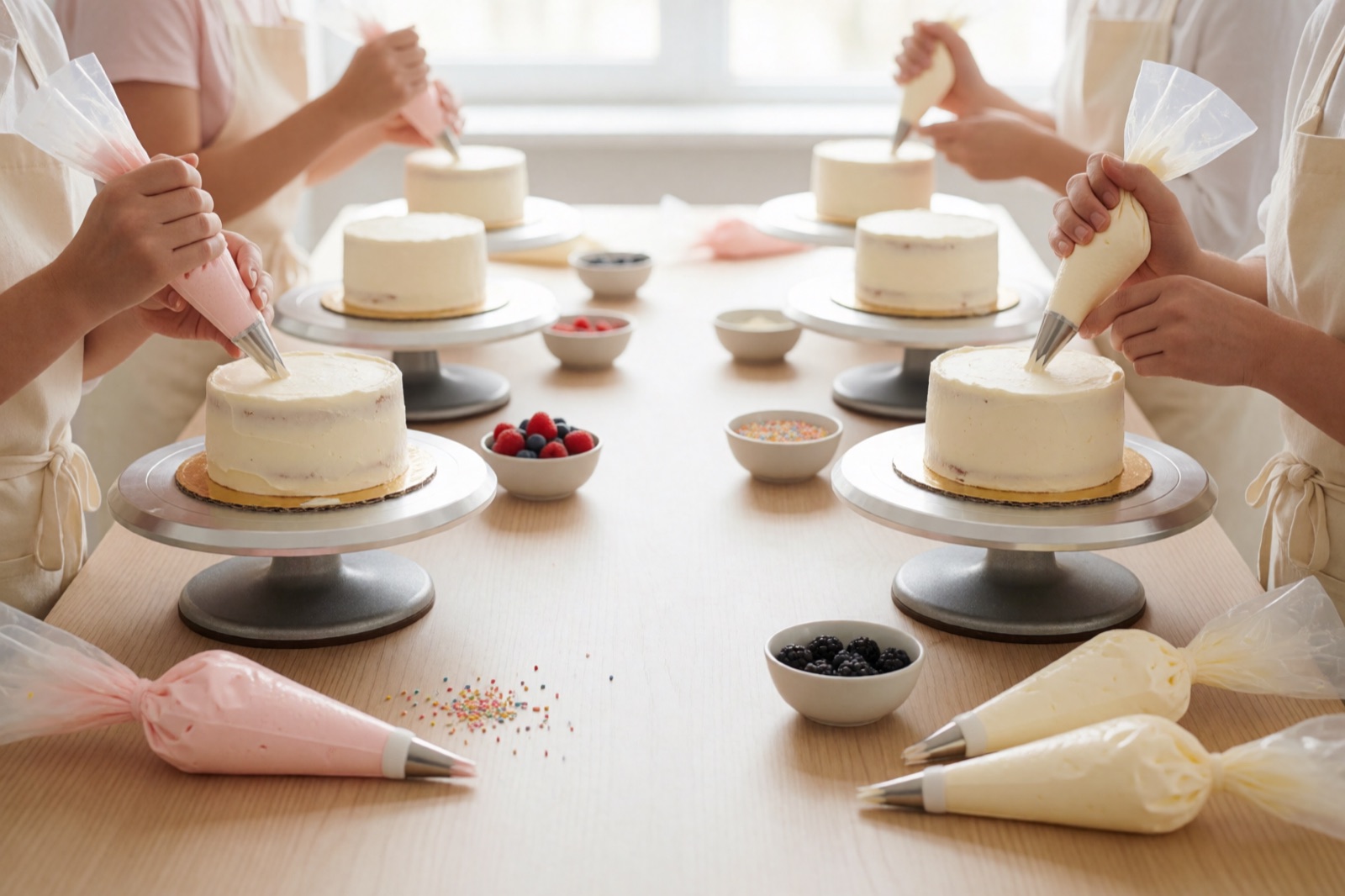 Tavolo di un laboratorio di cake design con torte, sac à poche e mani al lavoro