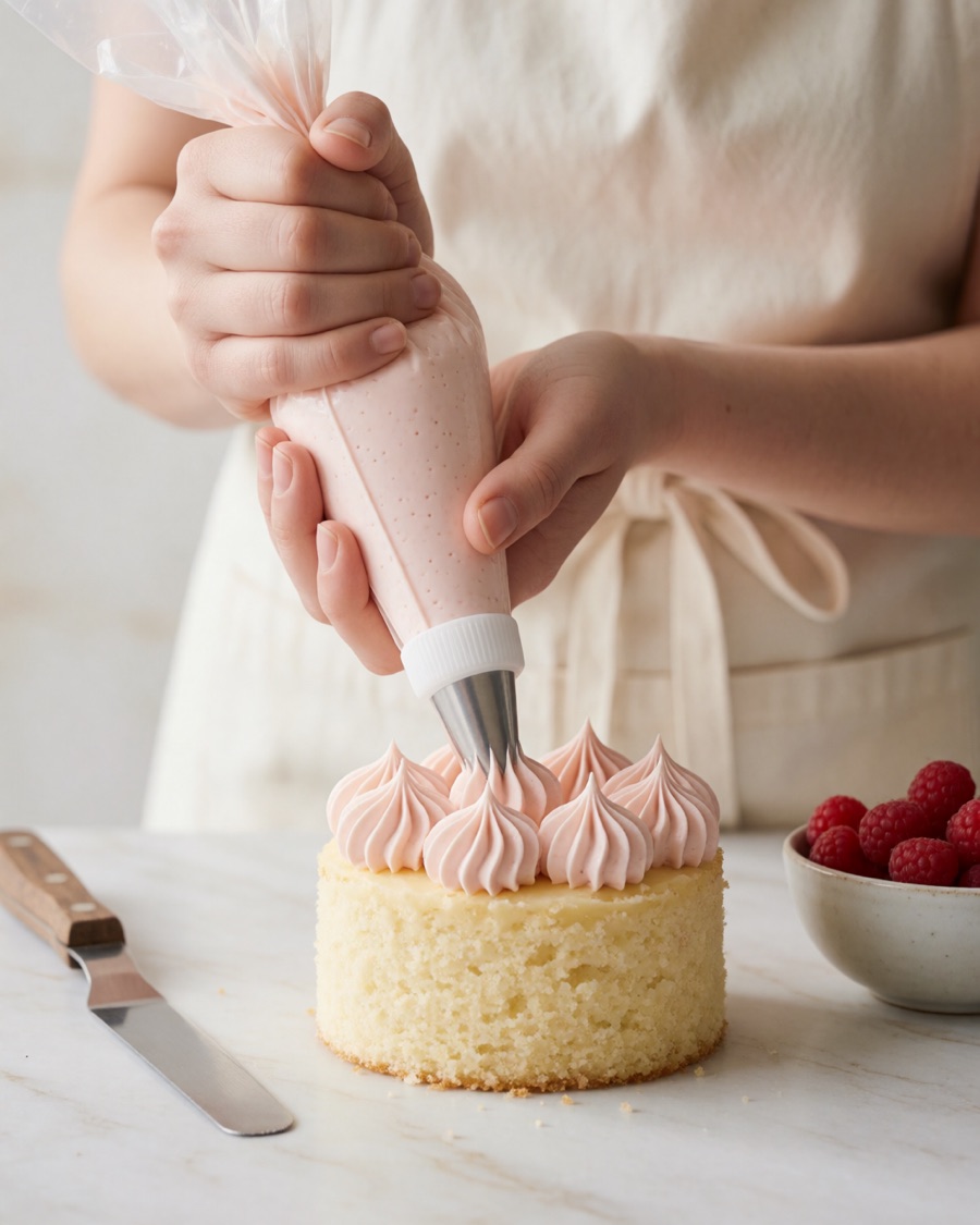 Mani che decorano una piccola torta con crema rosa
