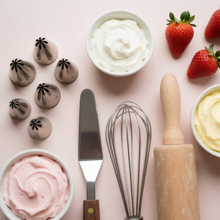 Attrezzi da pasticceria e ciotole di crema colorata
