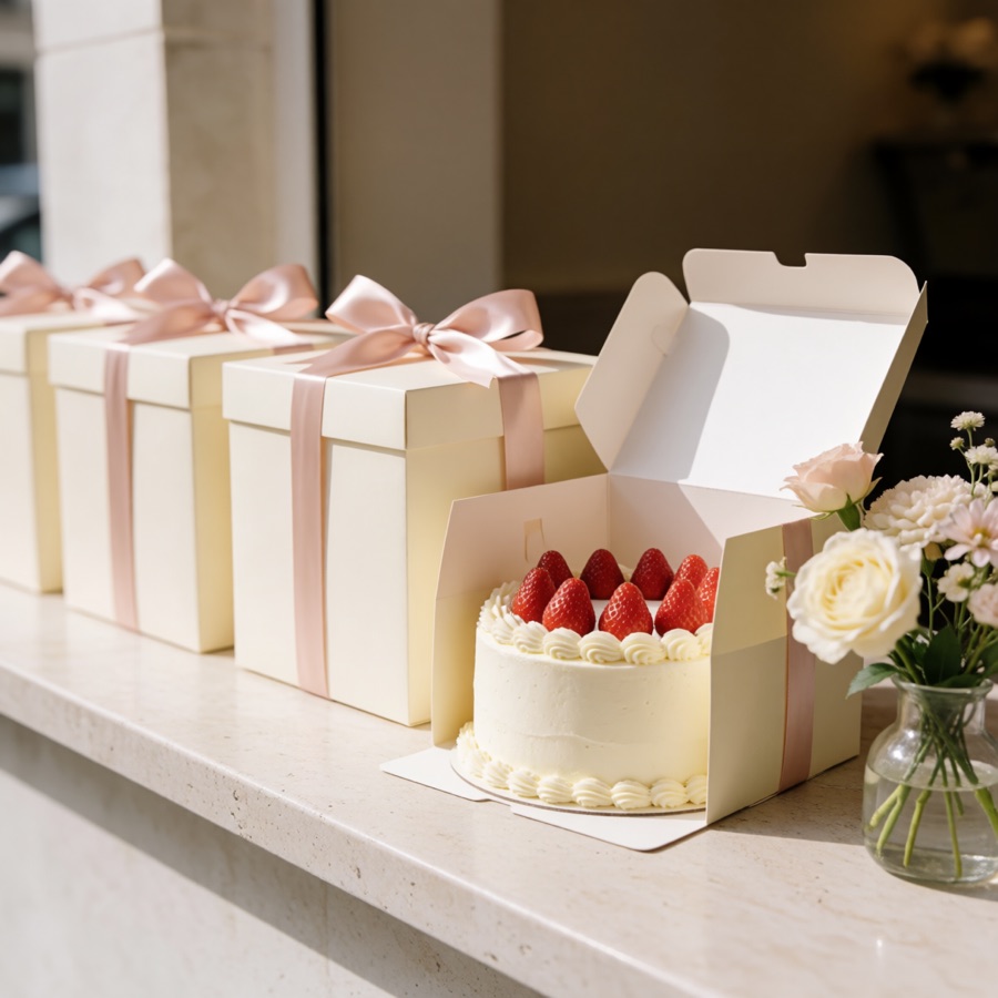 Scatole per torte con nastro rosa su un bancone