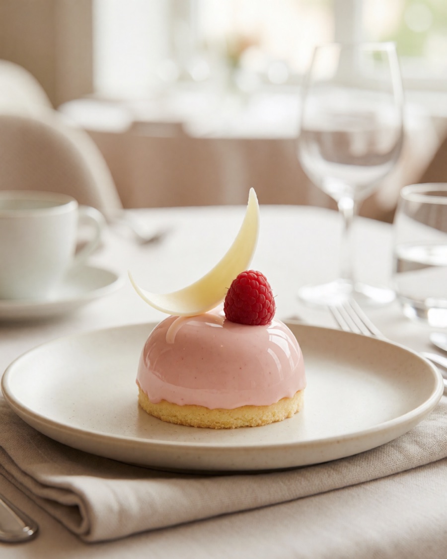 Monoporzione glassata rosa servita su un piatto di ceramica