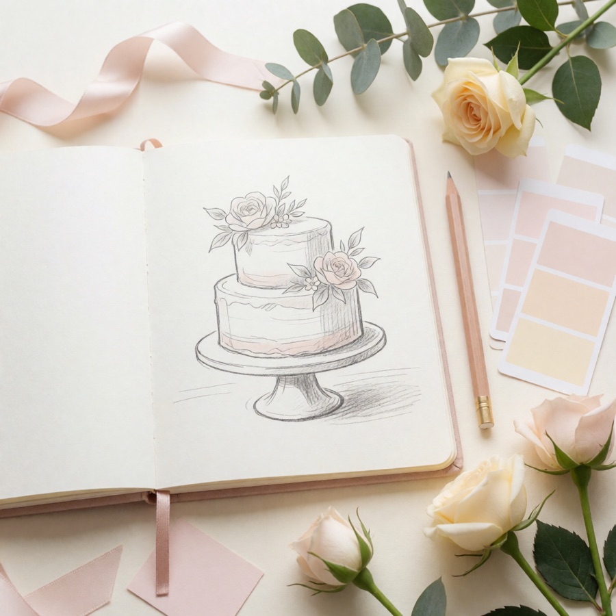 Bozzetto a matita di una torta con campioni colore e fiori