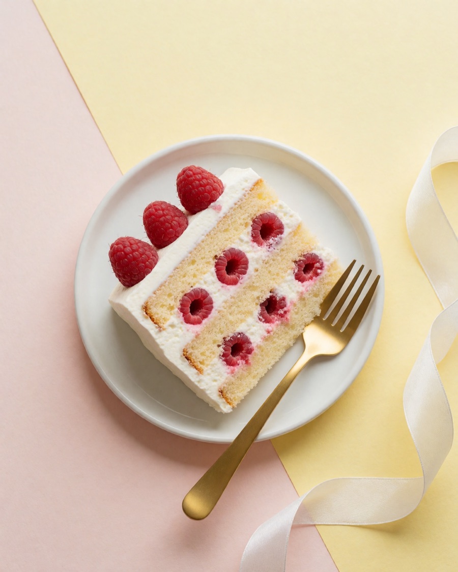 Fetta di torta con panna e lamponi su fondo pastello