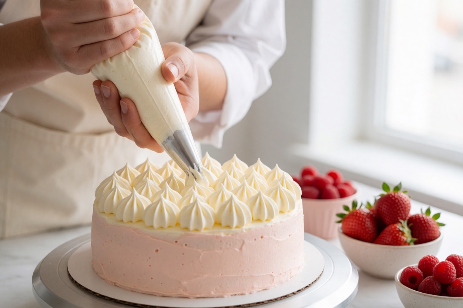 Mani di una pasticcera che decorano una torta con ciuffi di panna